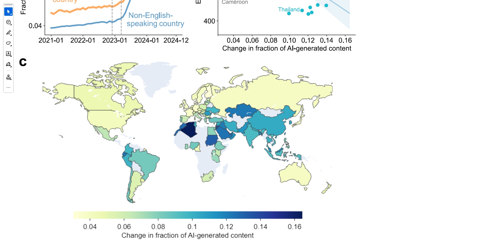 国ごとのAI生成コンテンツ増加率を示す世界地図