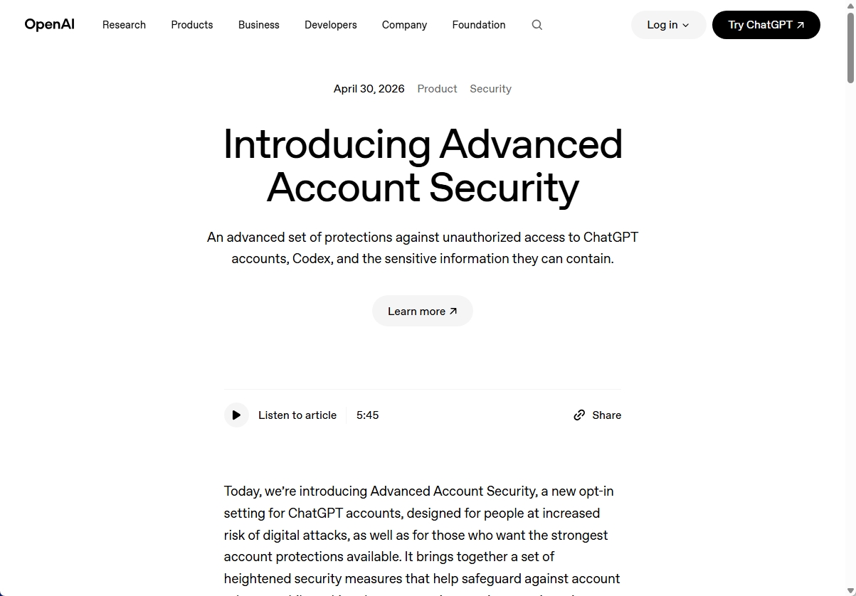 OpenAIが新セキュリティ機能Advanced Account Securityを発表
