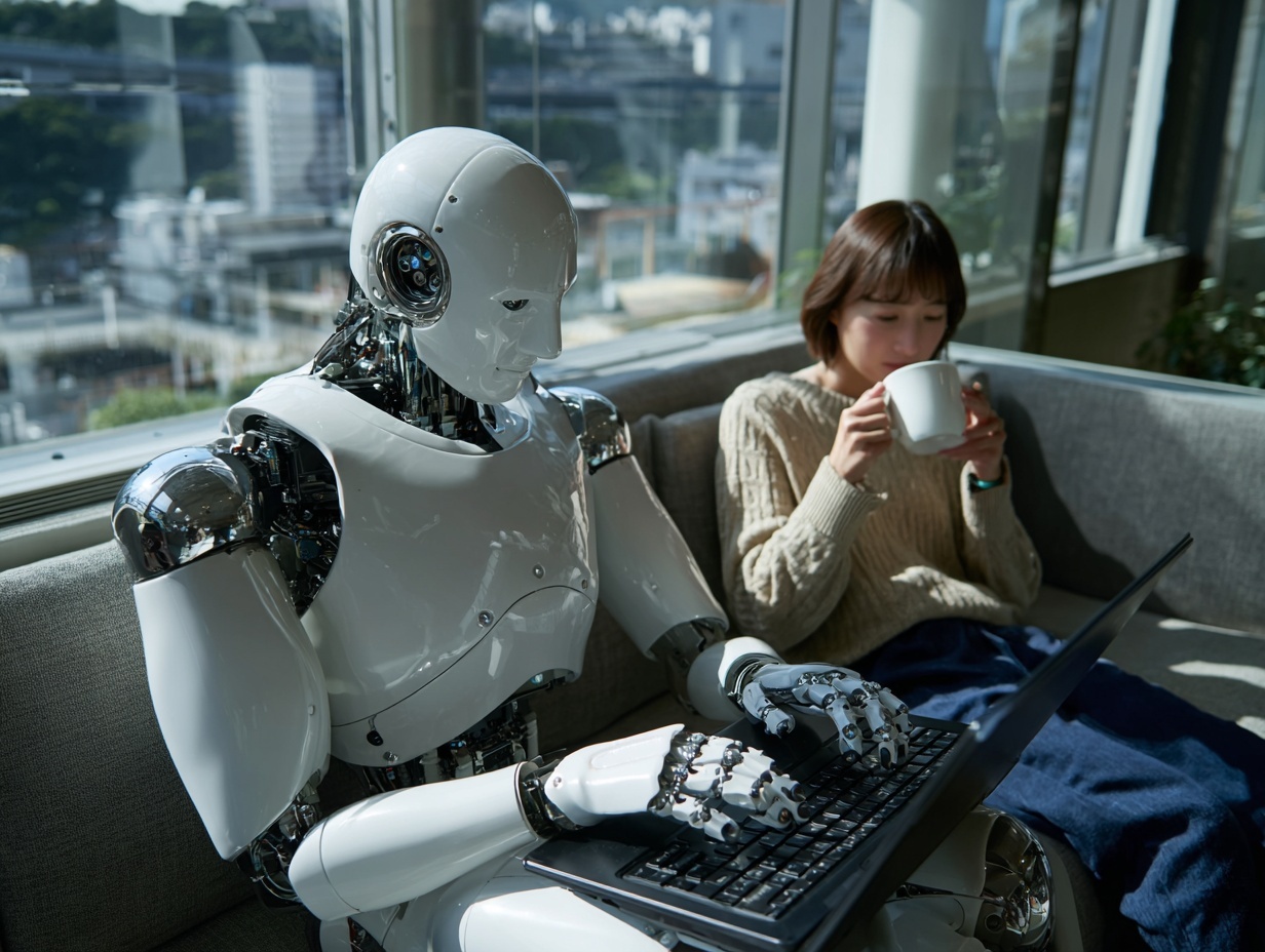 生成AIに依存しすぎると頭が働かなくなることを示すイラスト