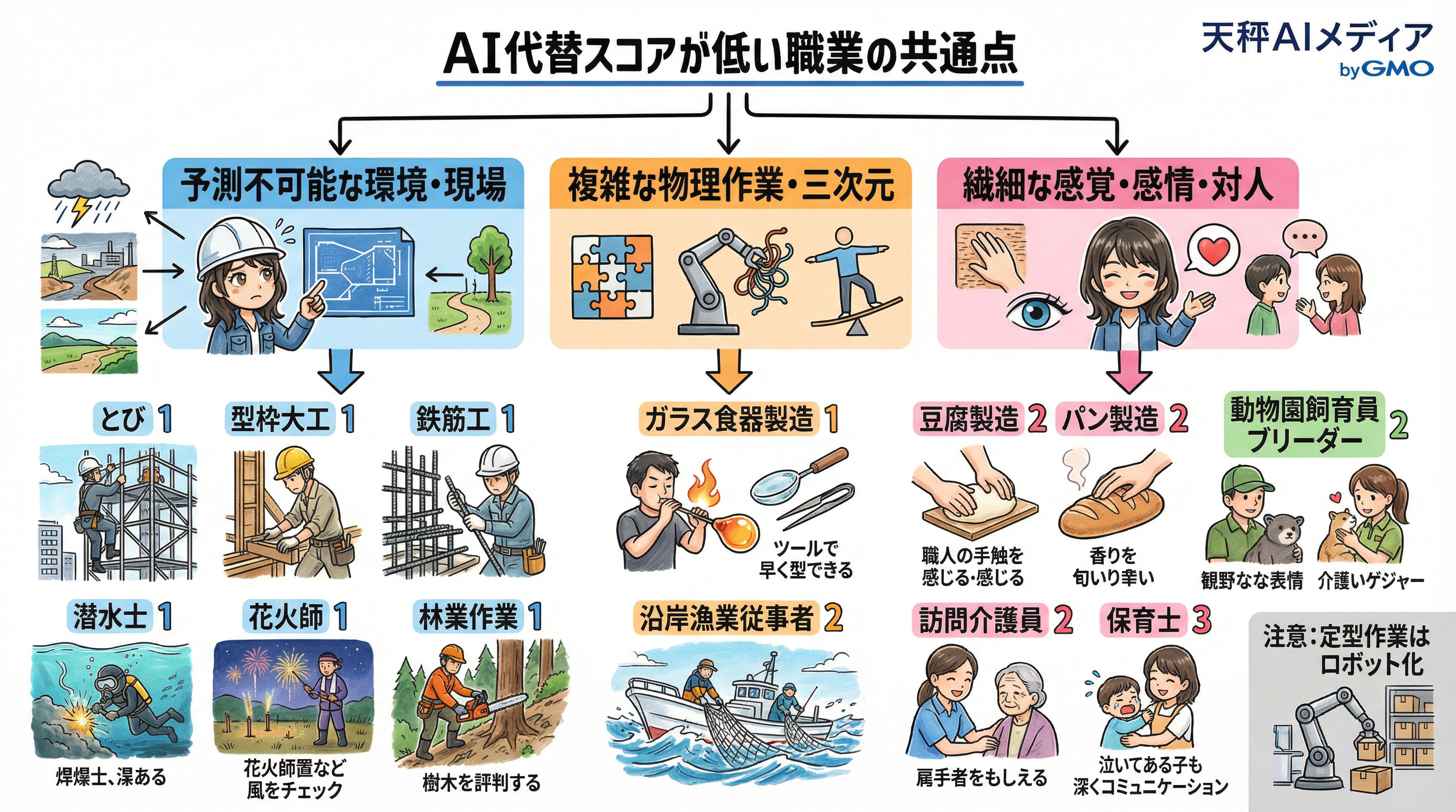 AI代替性が低い職業の例を示した図
