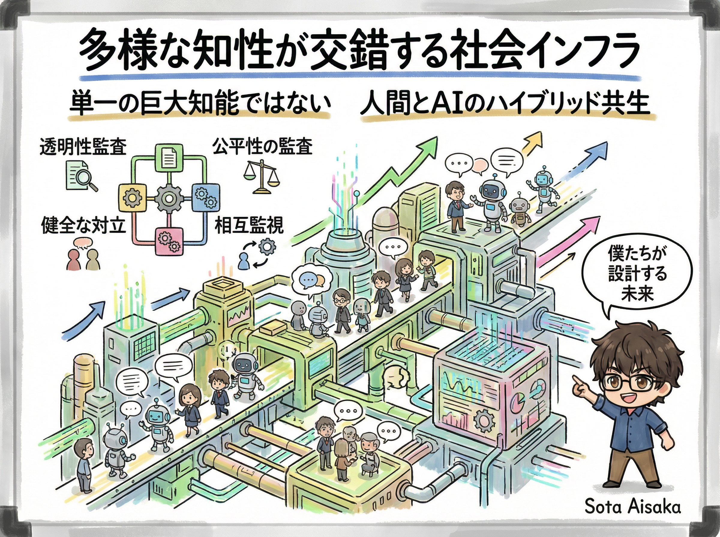 人間と数兆のエージェントが複雑に絡み合う巨大都市のような知能爆発のイメージ