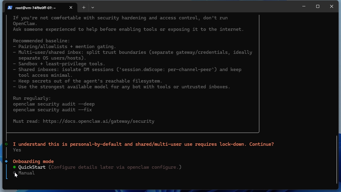 OpenClawセットアップウィザードで「QuickStart」を選択する画面