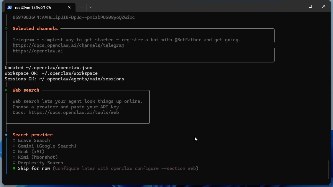 OpenClawセットアップで「Search provider」を「Skip for now」に選択する画面
