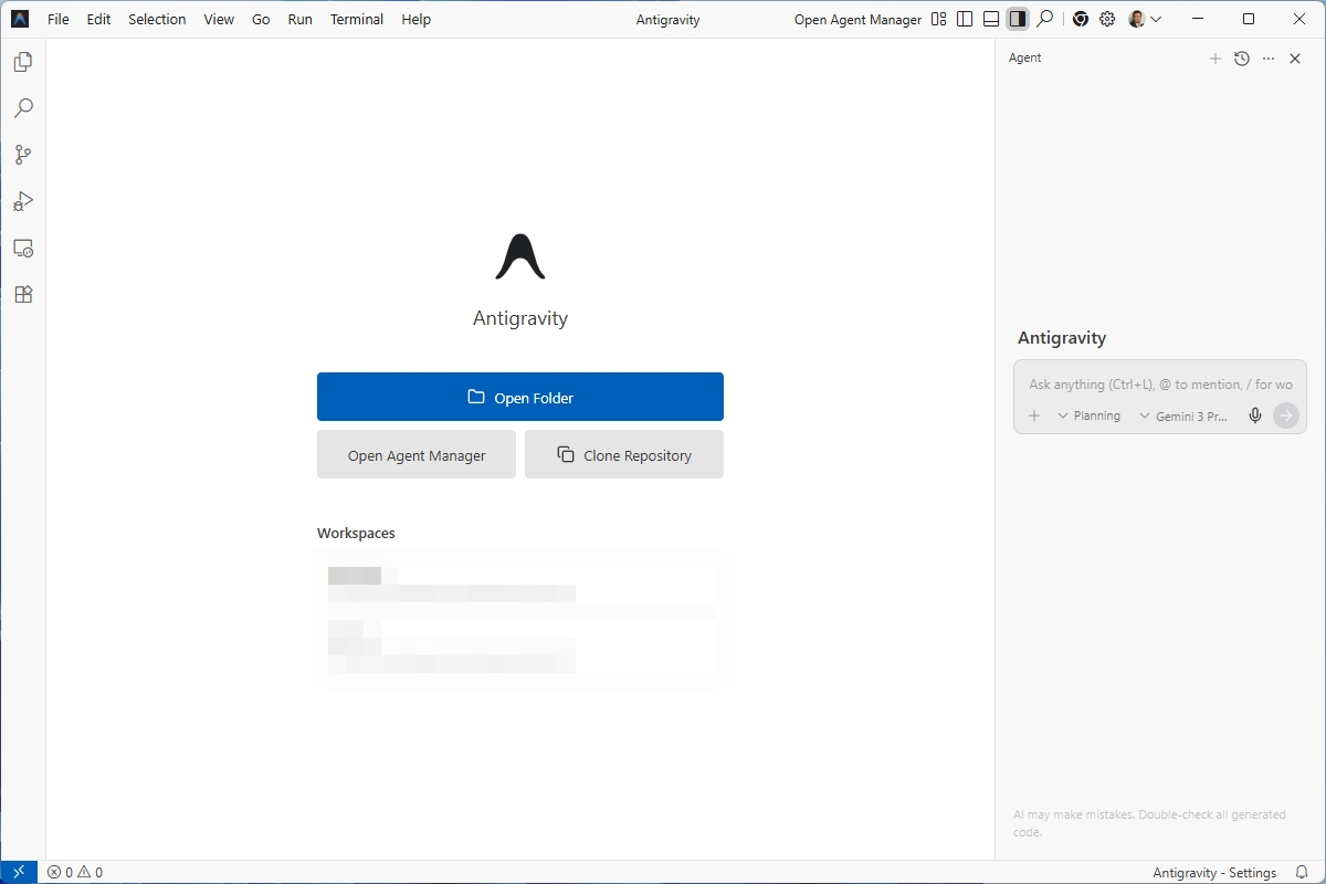 Antigravityの起動画面でOpen Folderボタンが表示されている