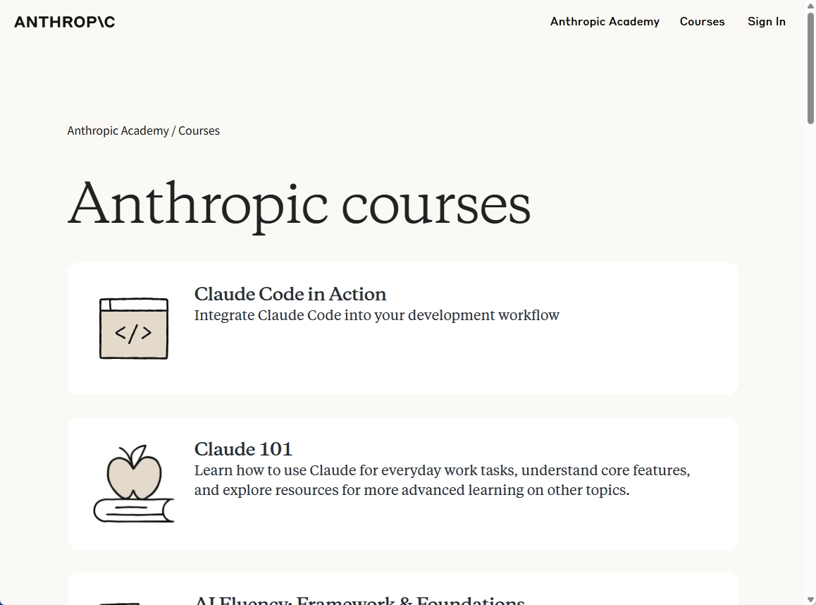 Anthropic Academyの学習プラットフォーム画面