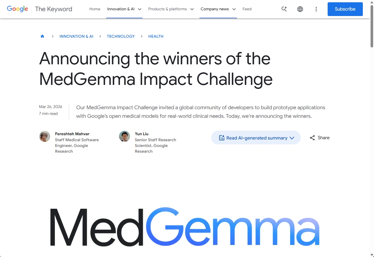 Google公式ブログ「The Keyword」に掲載されたMedGemma Impact Challenge受賞者発表記事