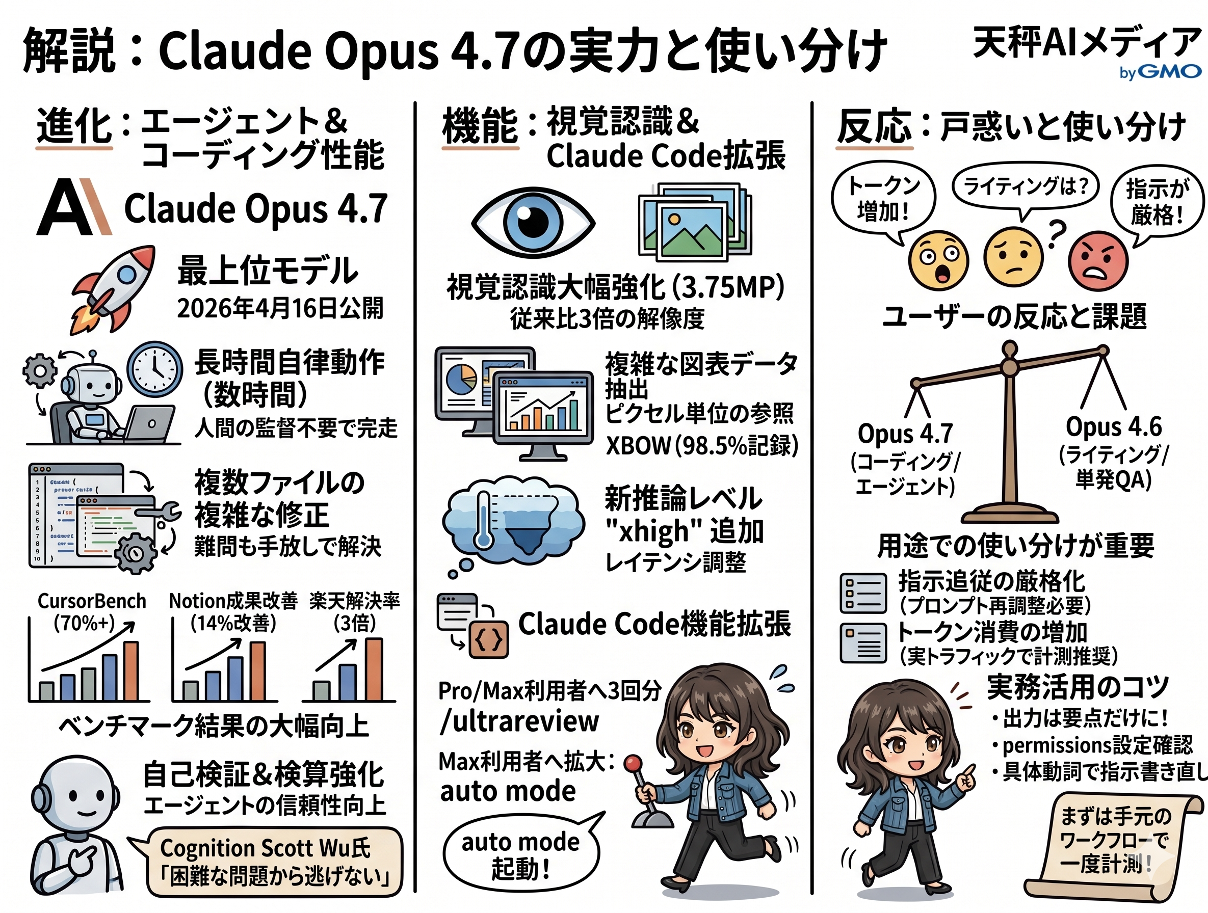 Claude Opus 4.7の用途別使い分けを示す解説画像
