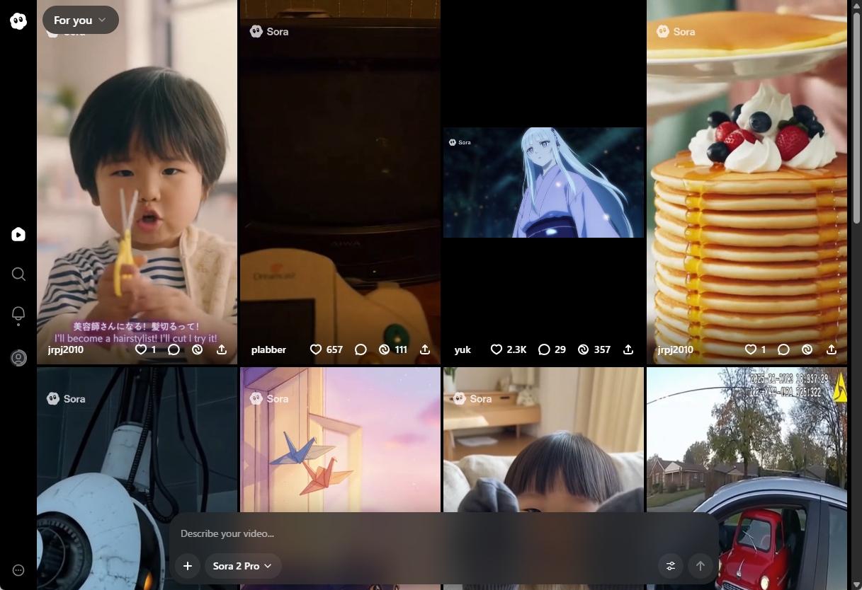 Sora 2のウェブページのギャラリー画面