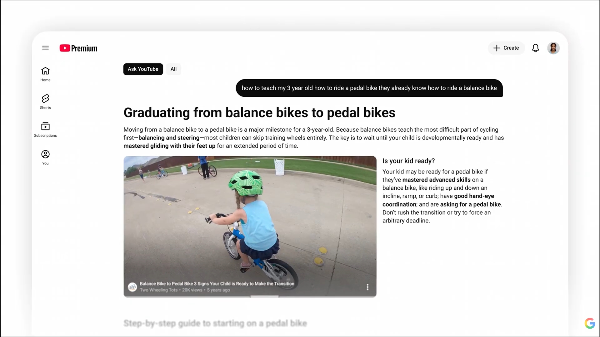 Ask YouTubeが動画の要点整理や該当場面へのジャンプに対応することを示すデモ画面