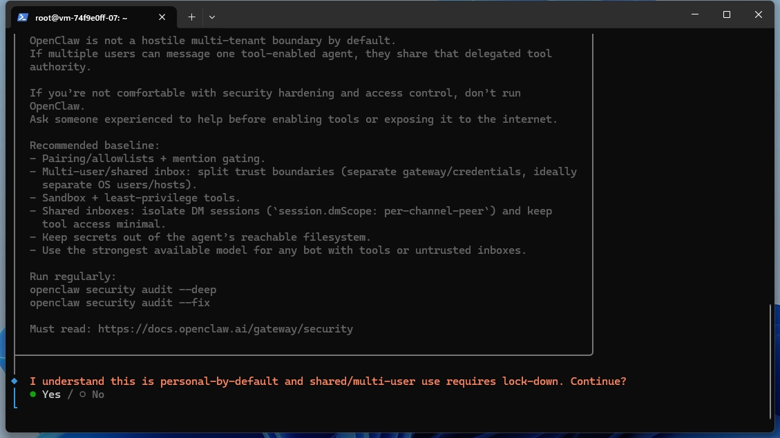 OpenClawセットアップウィザードで個人利用の確認メッセージに「Yes」を選択する画面