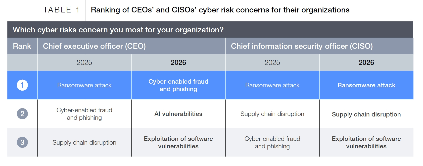 CEOとCISOのサイバーリスクに対する懸念事項のランキング比較