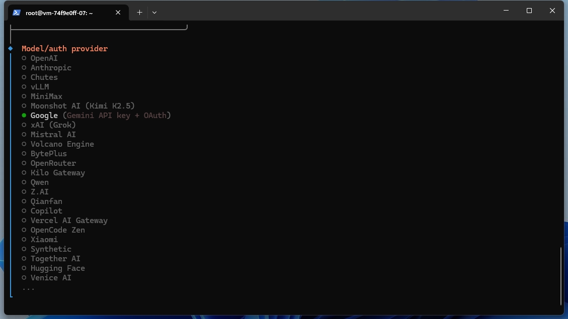 OpenClawでAIプロバイダーをGoogleに選択している画面