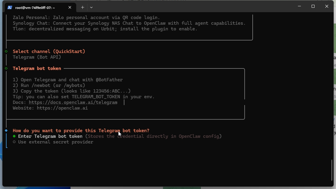 OpenClawで「Enter Telegram bot token」を選択してbotトークンを入力する画面