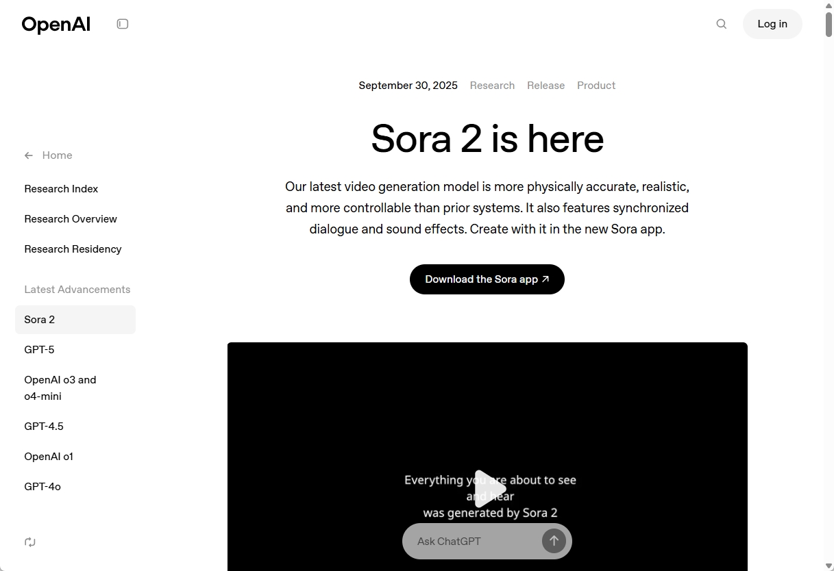 OpenAIの動画生成AI Sora 2のリリースページ