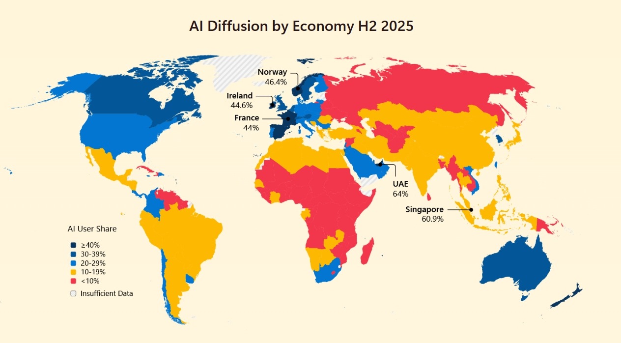 各国のAI導入率を示す世界地図