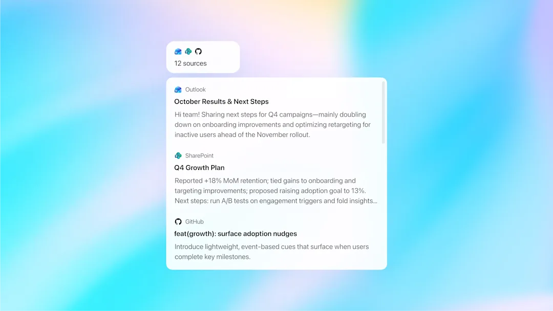 Company Knowledgeがツールを横断して調査しソース付きで回答を出力する画面