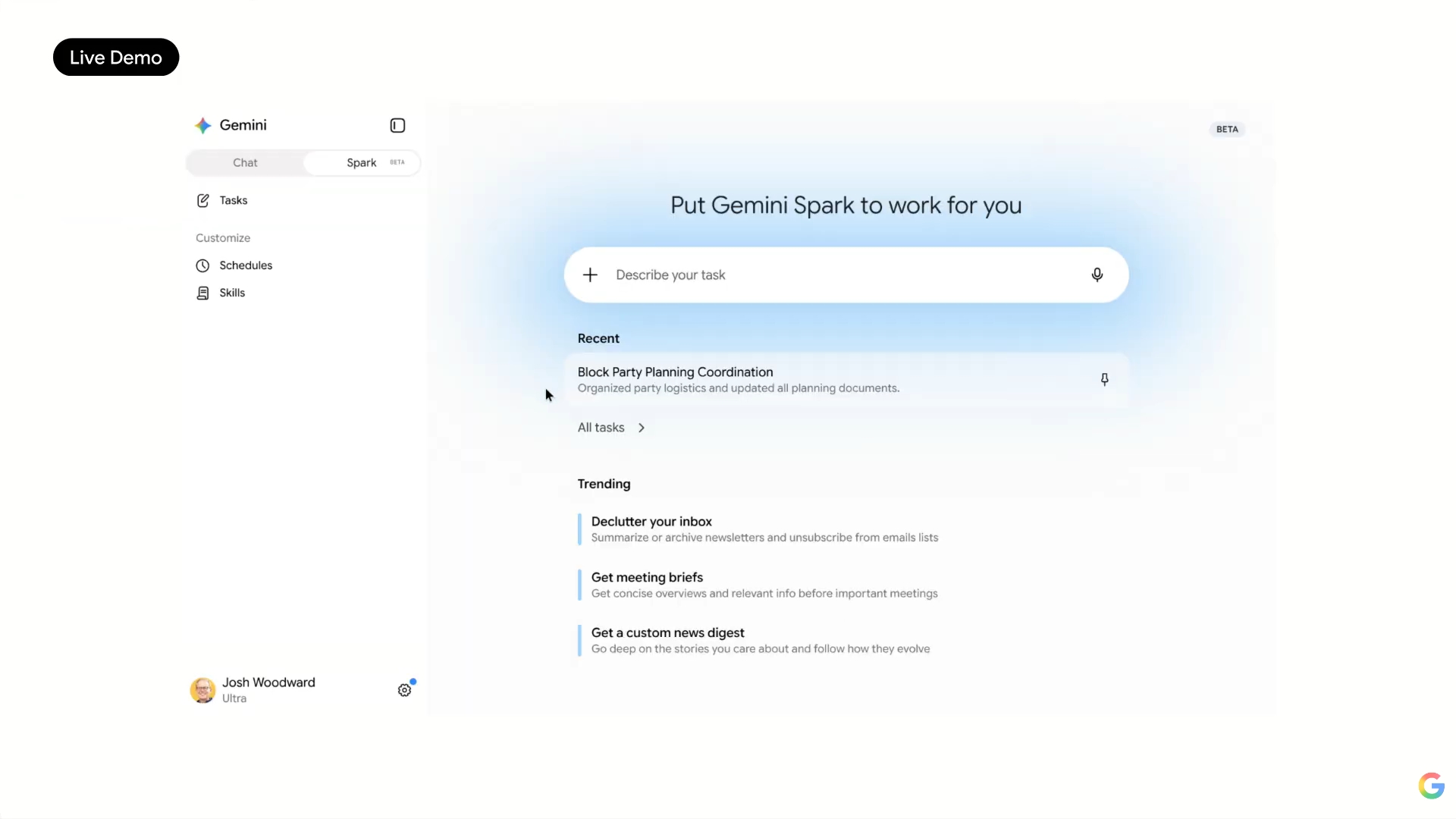 Gemini Sparkがメール作成や参加者管理、資料作成をバックグラウンドで進めることを示すデモ画面