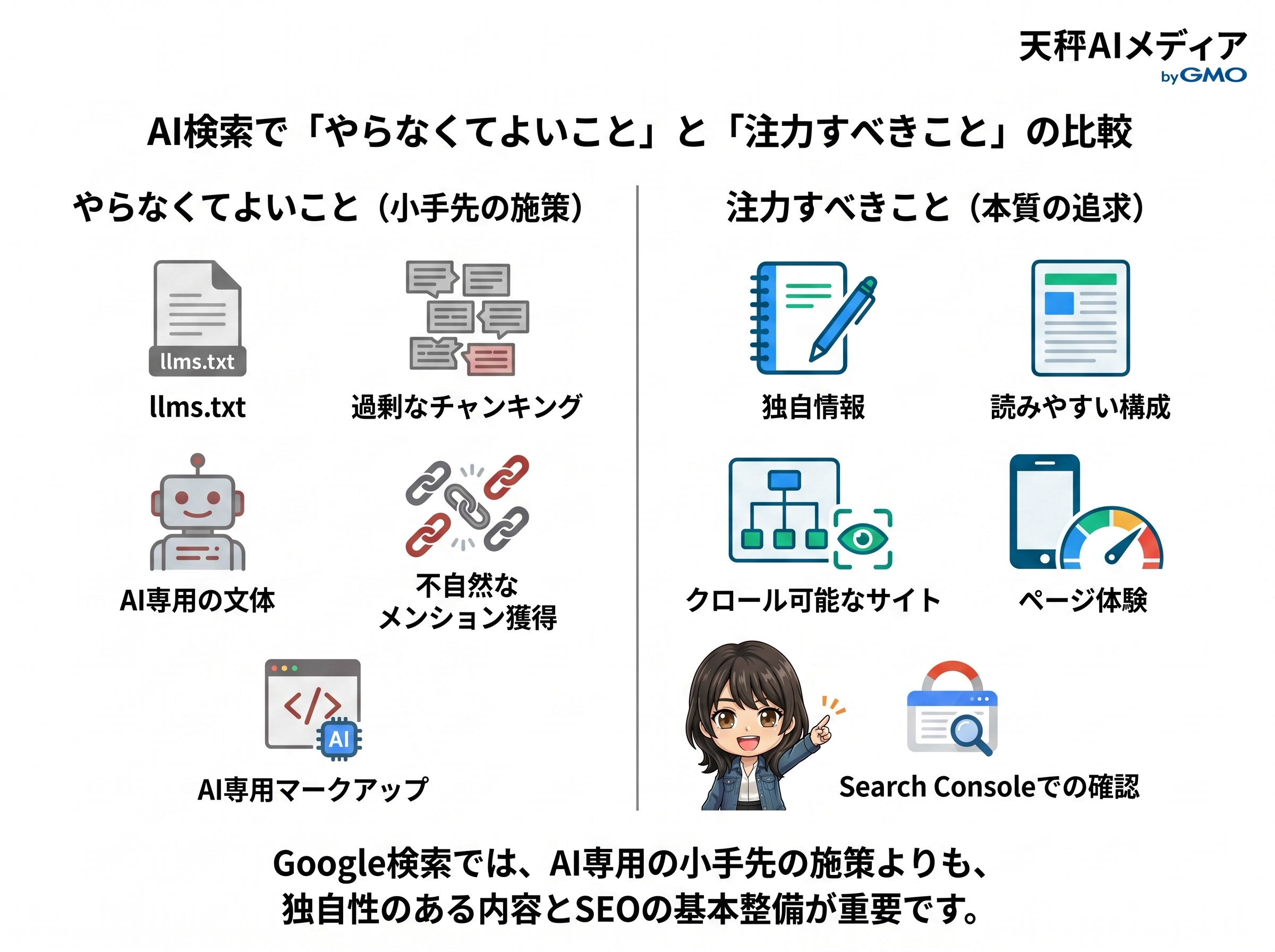 AI検索時代のSEOで重要なこととやらなくていいことの整理図