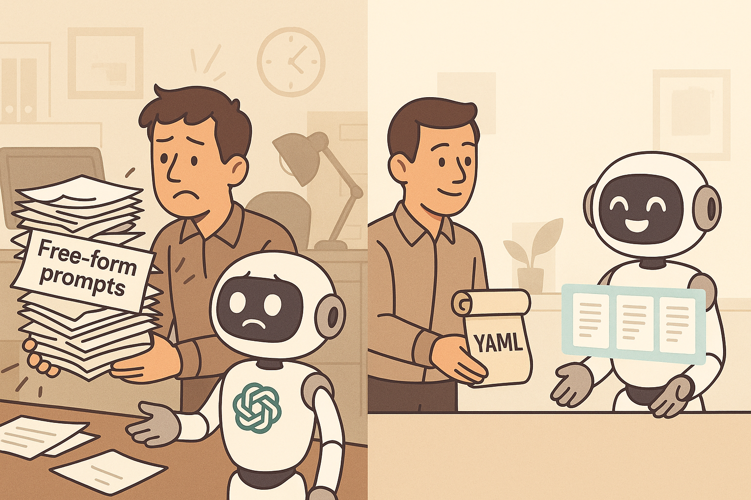 ChatGPTのインターフェースとYAMLコードの要素が融合した抽象的なビジュアル