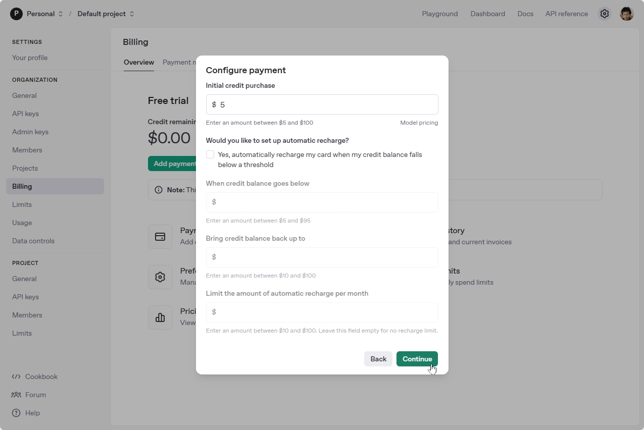 OpenAIアカウントにクレジットをチャージする画面