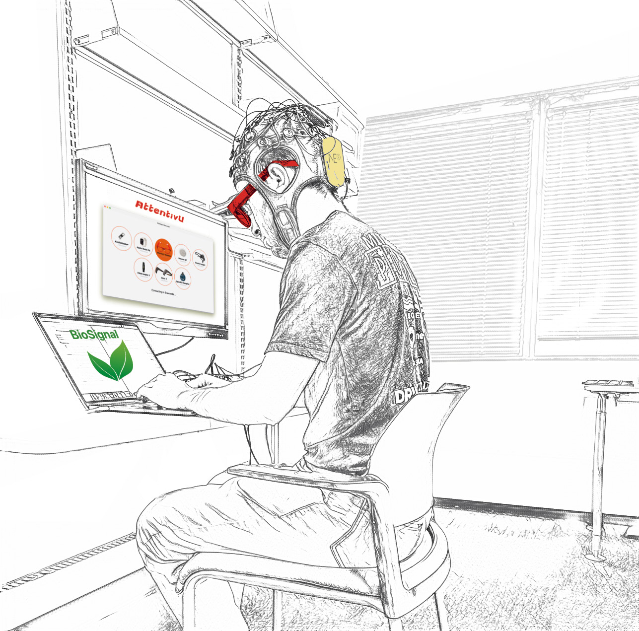 脳波を測るヘッドセットを装着してエッセイを執筆する様子