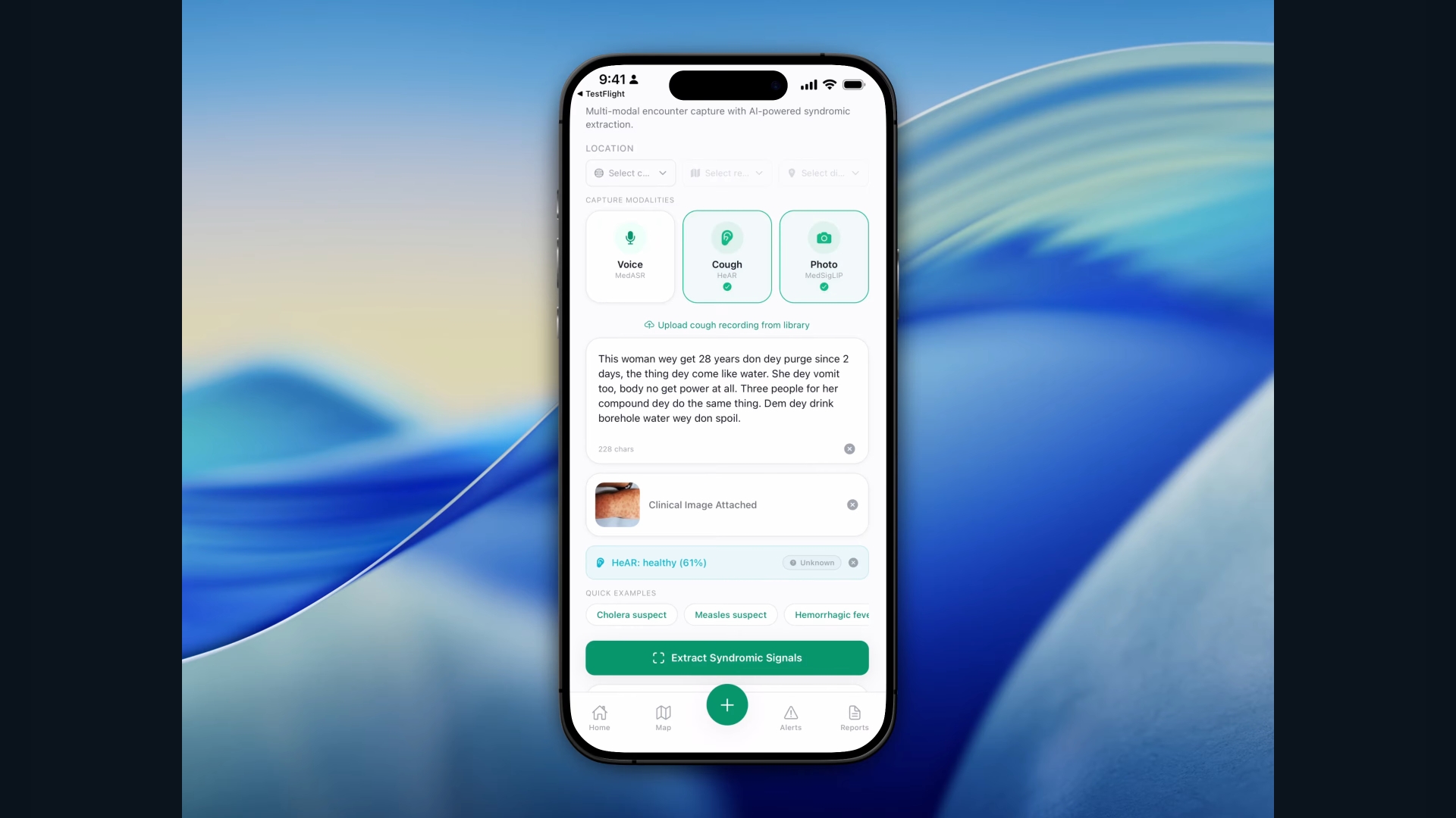 優勝作EpiCastのアプリ画面。音声・咳・写真のマルチモーダル入力で感染症の兆候を分析する