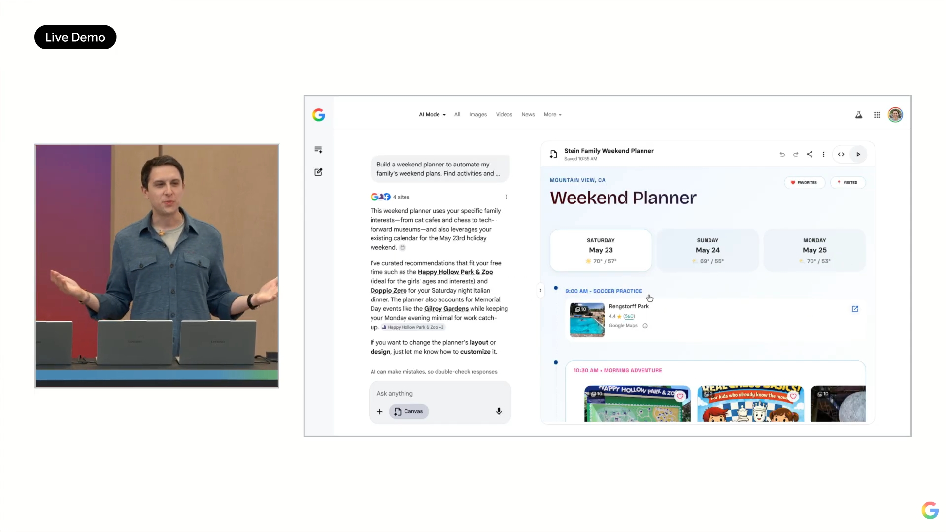 Google検索が予定調整や家族向けプラン作成を支援するデモ画面