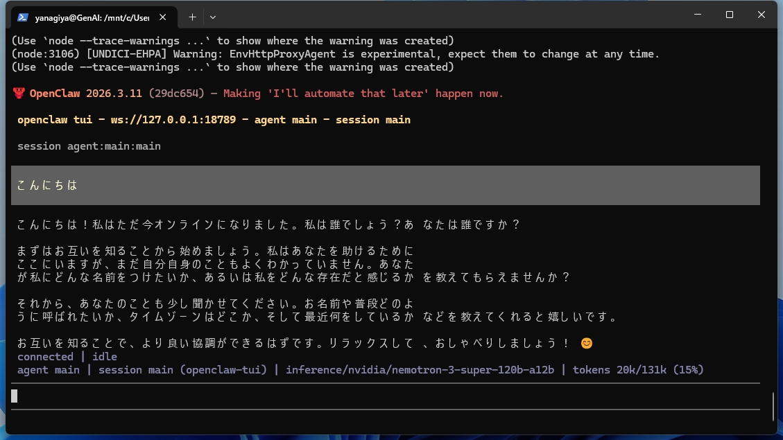 NemoClawのもとでOpenClawが起動した画面