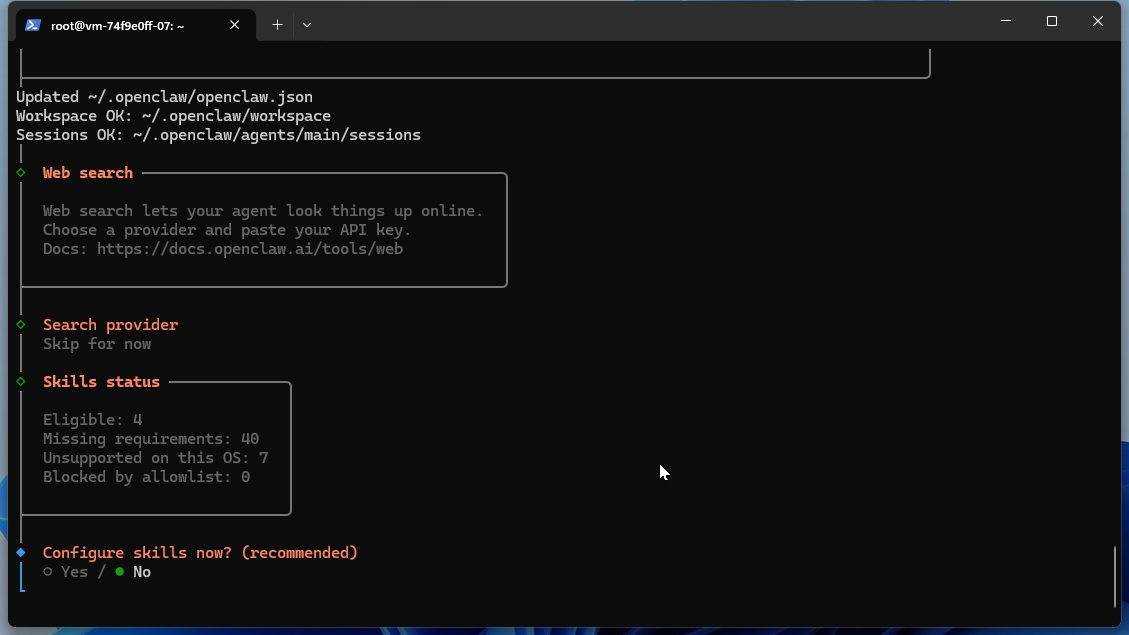 OpenClawセットアップで「Configure Skills now」を「No」に選択する画面