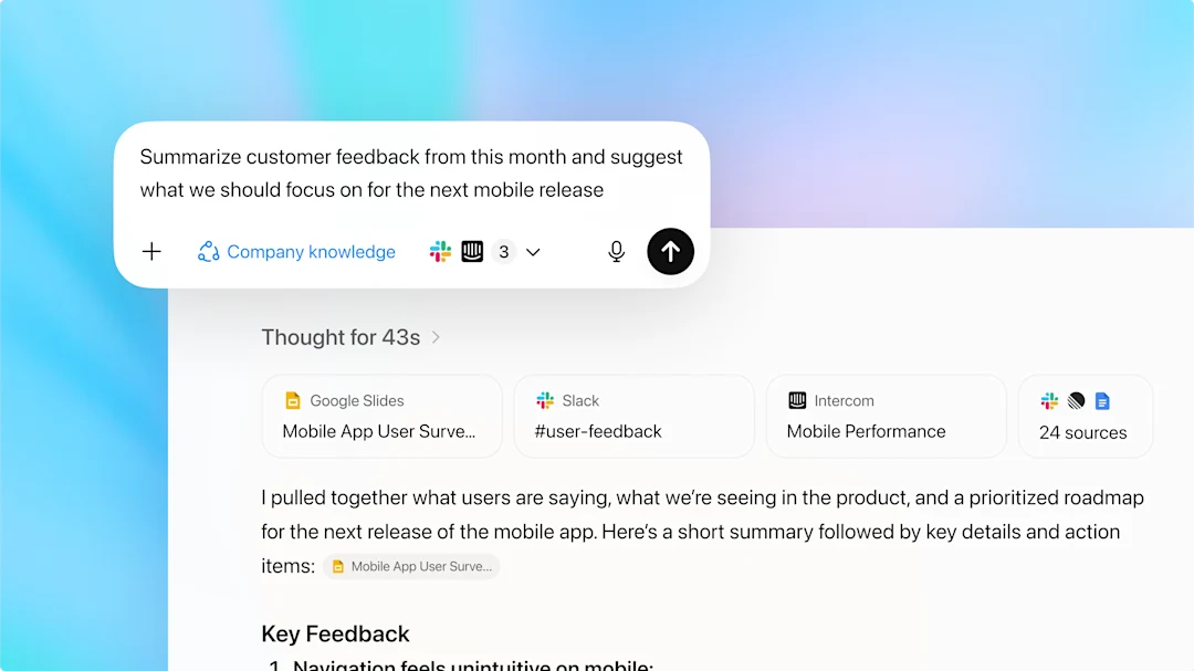 Company Knowledgeが複数のソースを分析して回答を生成する例