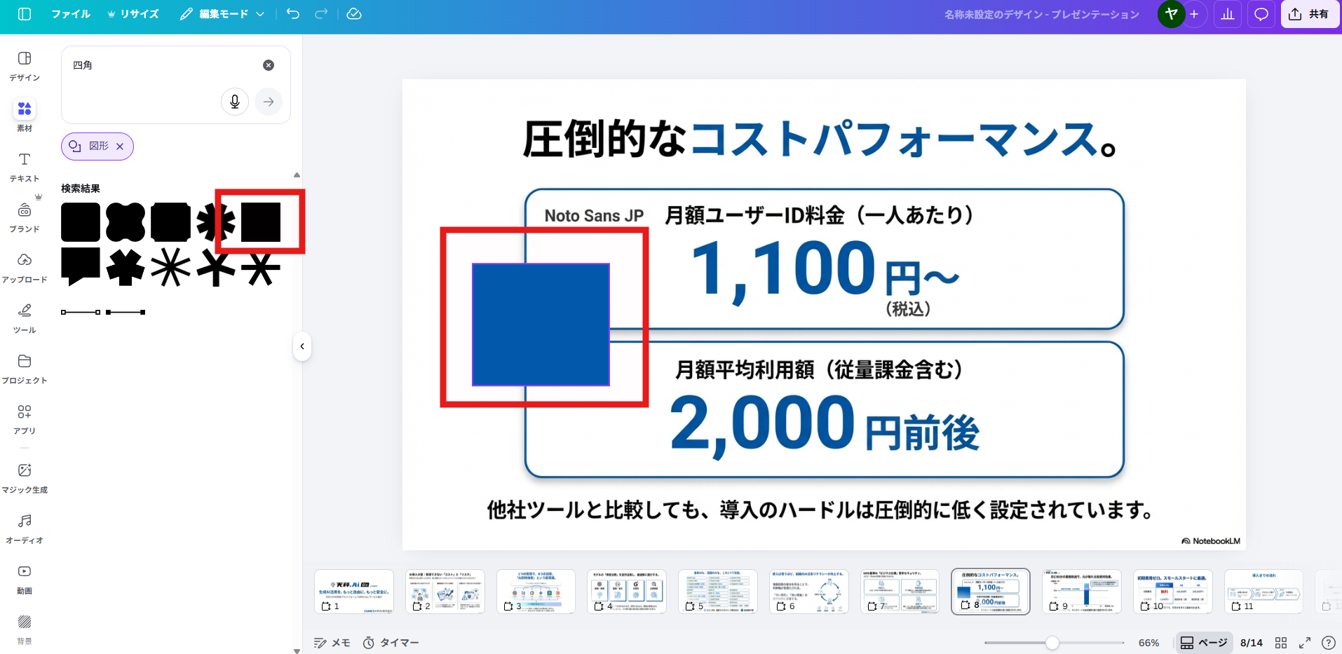四角の図形が編集画面に出現した状態