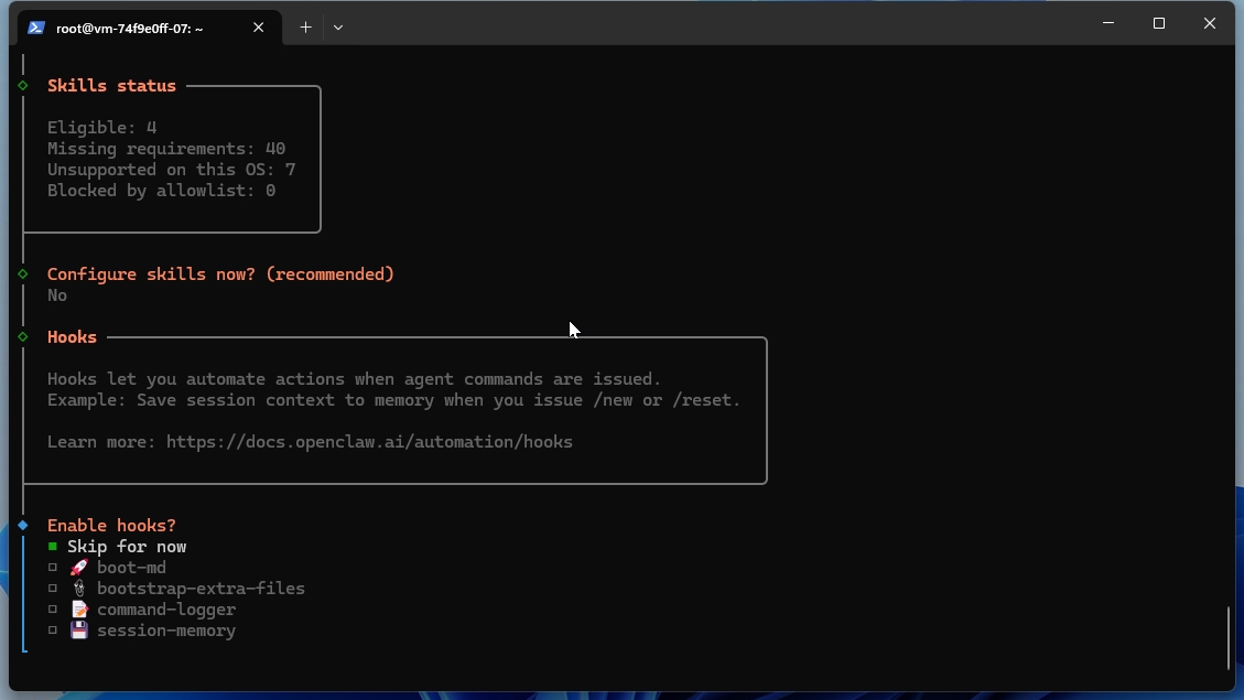 OpenClawセットアップで「Enable hooks？」を「Skip for now」に選択する画面