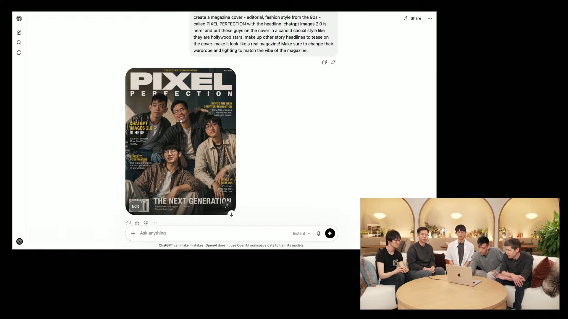 ライブ配信でChatGPT Images 2.0を発表するAltman氏と研究チーム