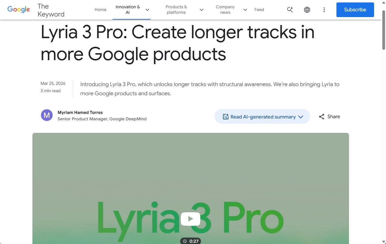 3月25日にLyria 3 Proが発表された画面