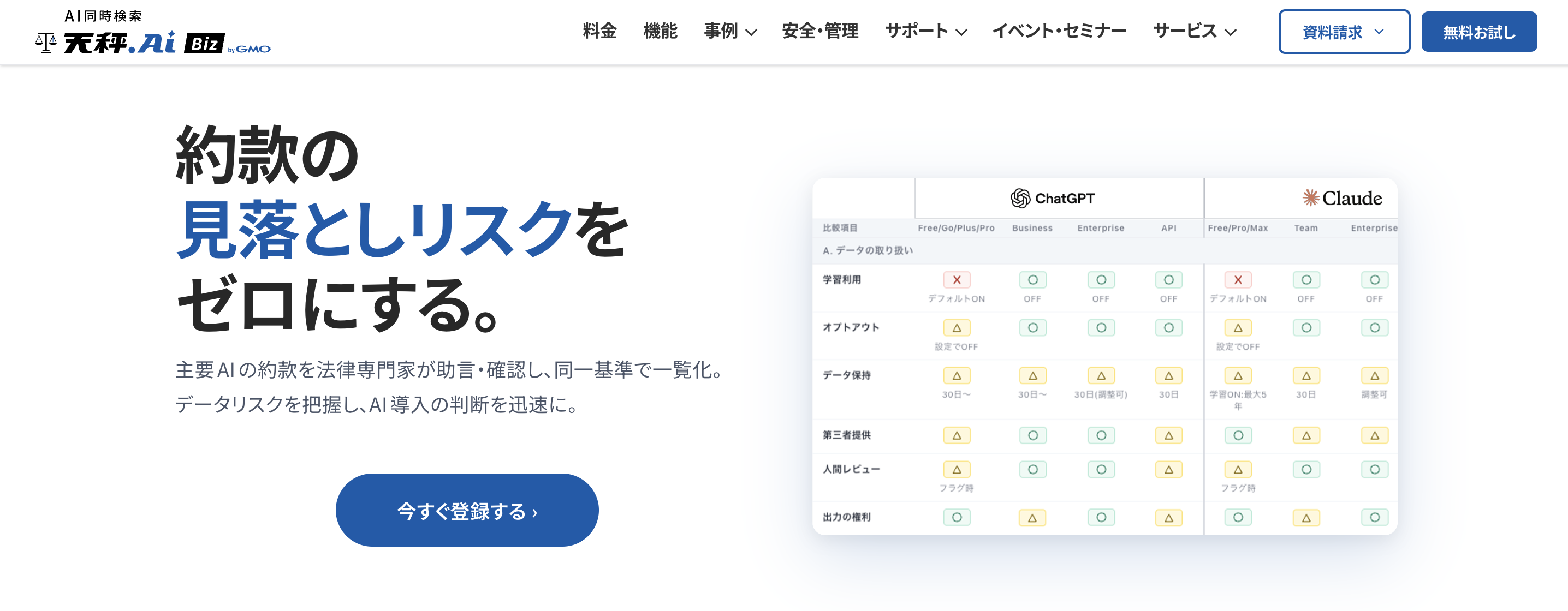 『主要AI約款比較』のサービスページ