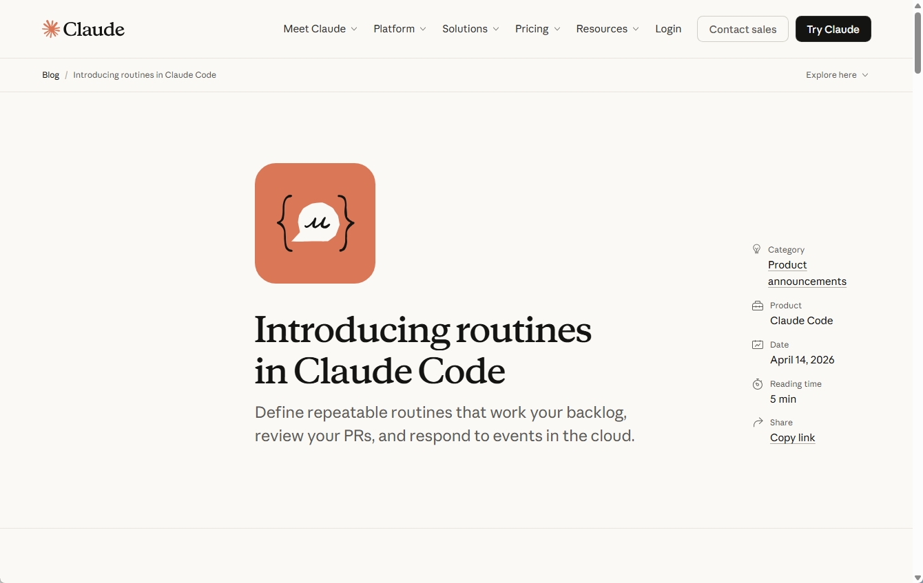 Anthropic公式ブログに掲載されたClaude Code Routines発表の画面