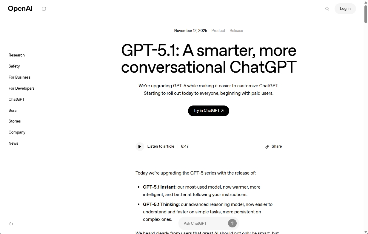 GPT-5.1リリース発表画面