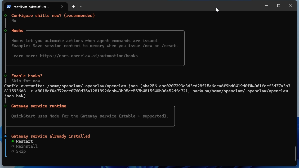OpenClawセットアップで「Restart」を選択して起動する画面
