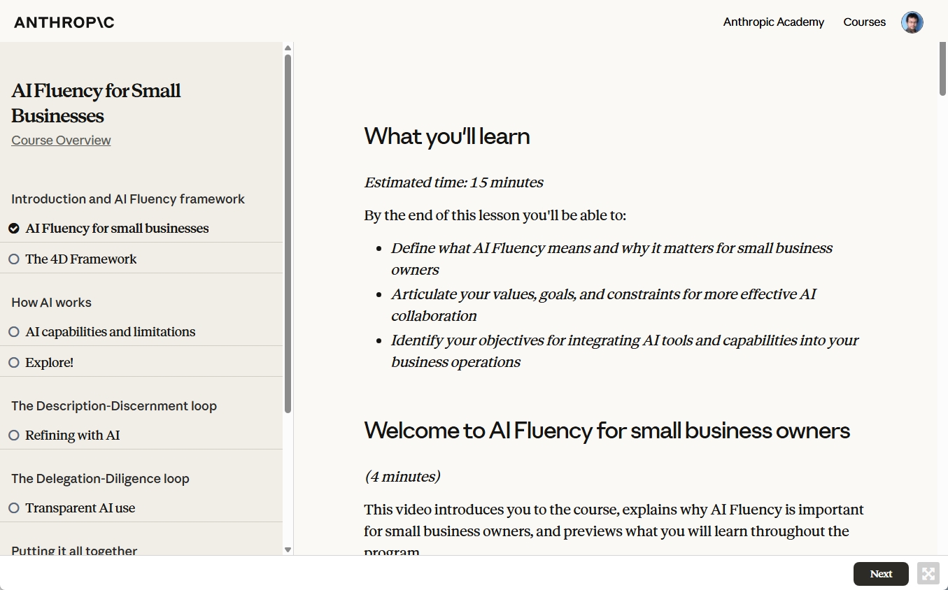 AI Fluency for Small Businessの講座画面
